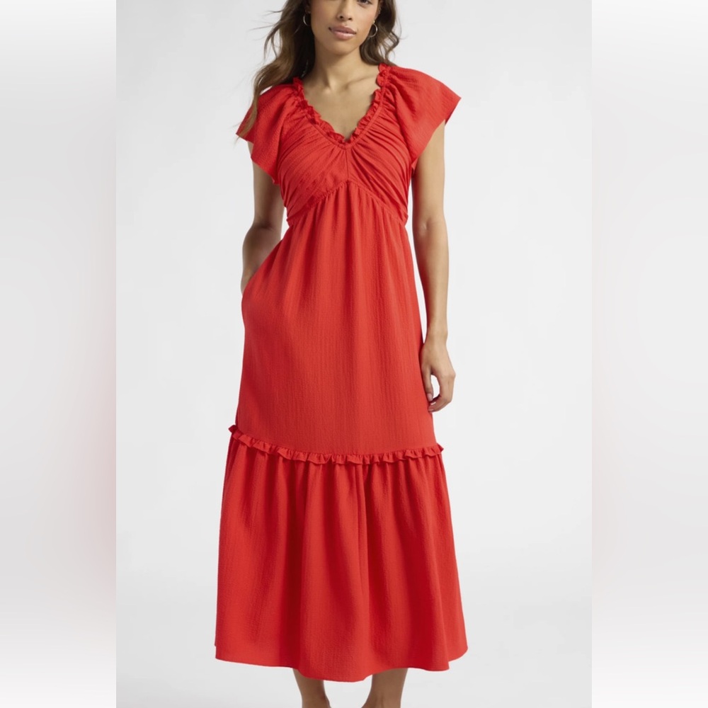 Sofia by Sofia Vergara Vibrant Red Maxi Dress On Off Shoulder Ruffle Trim Size L - Picture 11 of 11